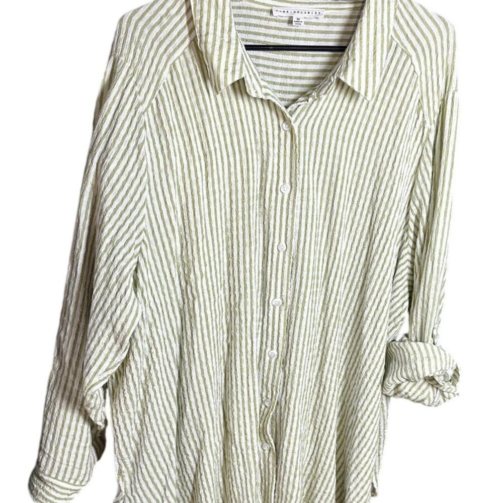 Jane + Delancey 3X Green White Striped Roll Tab Button Shirt Pool Cover Up